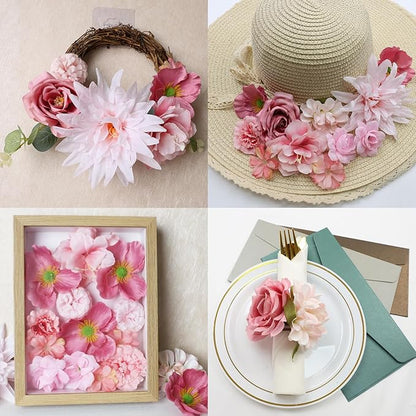 56 PCS Pink Fake Flowers Heads, Bulk Silk Flowers for Crafts, Mini Faux Flower Heads for DIY Wreath, Wedding Birthday Party Decor, Centerpieces, Home Decoration