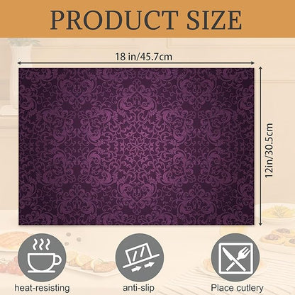 Purple Placemats Set of 6,Eggplant Color Mandala Floral Design Place Mats, Washable Heat Resistant 12×18 Inch Linen Table Mats for Kitchen Dining, Boho Home Decor