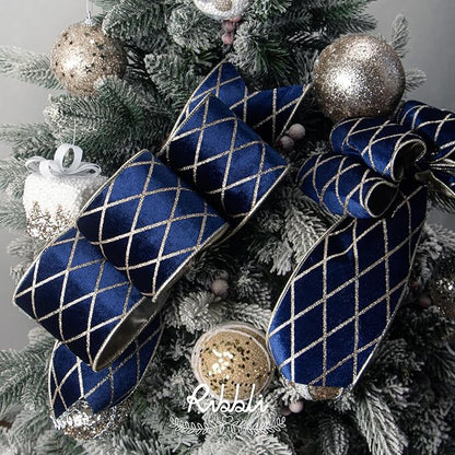 Ribbli Navy Blue Velvet Ribbon Wired with Glitter Diamond Grid 4 Inch Christmas Ribbon for Christmas Tree Decoration Big Bow Gift Wrapping Crafts Wreaths Garland Supplies - 10 Yards