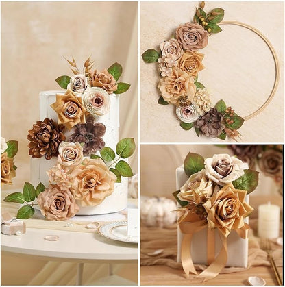 Coffee Artificial Flowers Combo Brown Silk Flowers Fake Roses Dahlia with Stems for DIY Wedding Bridal Bouquets,Table Centerpieces,Cake Floral Arrangement,Baby Shower,Birthday Home Decor