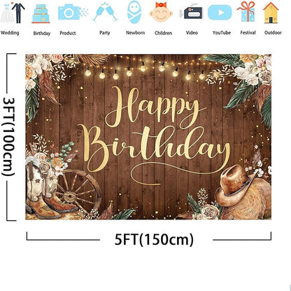 SVBright Western Cowgirl Birthday Backdrop 5Wx3H West Rustic Wooden Boho Pampas Grass Country Wild Flower Retro Boots Hat Farmhouse Floral Decorations Photography Background Banner Photo Booth Studio