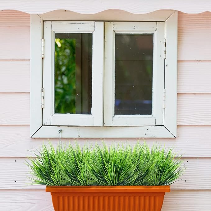 Ouddy Decor 24 Bundles Artificial Plants Outdoors Fake Wheat Grass Faux Greenery Stems Plastic Shrubs UV Resistant for Patio Garden Porch Window Box Spring Home Decor, Green