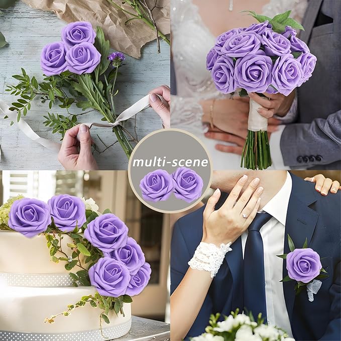 Artificial Flowers Roses Real Looking Foam Fake Roses with Leaves and for DIY Wedding Bouquets Bridal Shower Centerpieces Party Decorations (Lilac, 200)