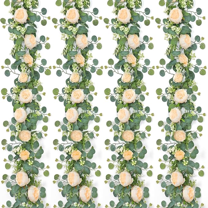 SOMYTING Artificial Flower Garlands Eucalyptus Garlands with Flowers Rose Peony Flower Vine Faux Floral Garland for Wedding Party Arch Table Wall Backdrop Decoration (Champagne, 4PCS)