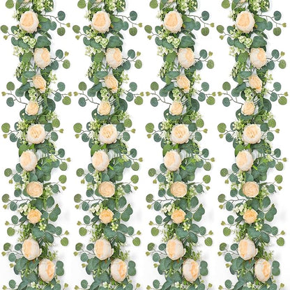SOMYTING Artificial Flower Garlands Eucalyptus Garlands with Flowers Rose Peony Flower Vine Faux Floral Garland for Wedding Party Arch Table Wall Backdrop Decoration (Champagne, 4PCS)