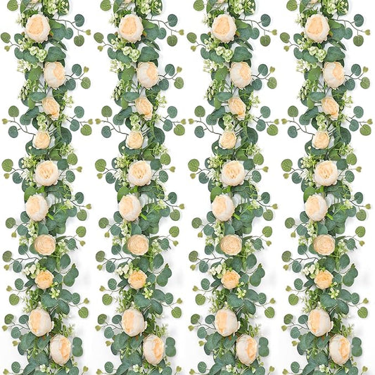 SOMYTING Artificial Flower Garlands Eucalyptus Garlands with Flowers Rose Peony Flower Vine Faux Floral Garland for Wedding Party Arch Table Wall Backdrop Decoration (Champagne, 4PCS)