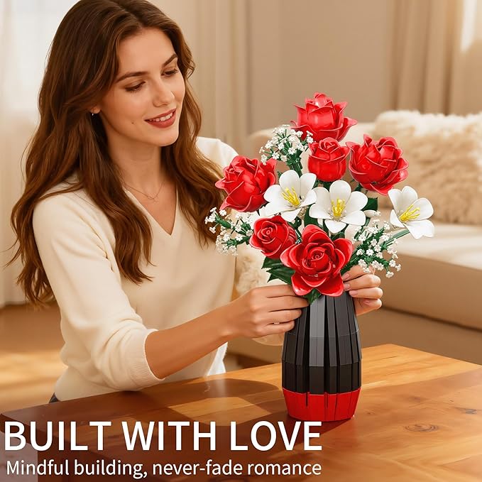 Roses Flower Bouquet Building Blocks Set with Vase, Women Men Teen Girls Gifts for Christmas, 1077PCS Botanical Collection Artificial Flowers Birthday Gifts for Her Him Wife Husband Mom Grandma Adults