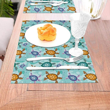 Cute Sea Turtle Placemats Set of 4, Washable Non-Slip Heat-Resistant Ocean Themed Decorative Kitchen Table Mats for Dining Outdoor Party Home Decor 12"x18" Teal Nautical Linen Place Mats