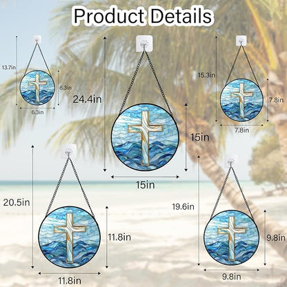 Christian Gifts for Women - Blue Cross Stained Glass Window Hanging Jesus Easter Ocean Waves Sun Catcher Garden Religion Decor Mother's Day Catholic Gift for Men Grandma Mom Her Nana 7.8"