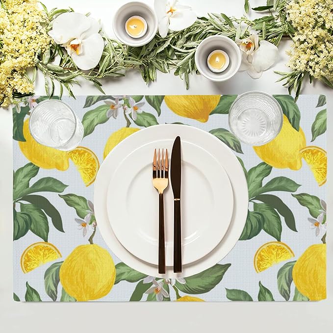 Tropical Lemon Placemats Set of 4, Placemats Dining Table Mat Set,12x18 Washable Stain Resistant Wipeable Cloth Placemat for Kitchen Buffet Parties