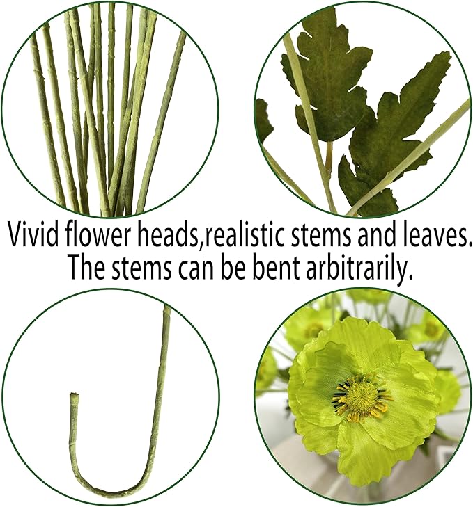 ATFL Green Poppy Flowers Artificial Bouquet for Wedding,12 Pcs Fake Faux Silk Poppies Bulk for Home Decor Table Centerpieces Floral Arrangement(23.5‘’, Green)
