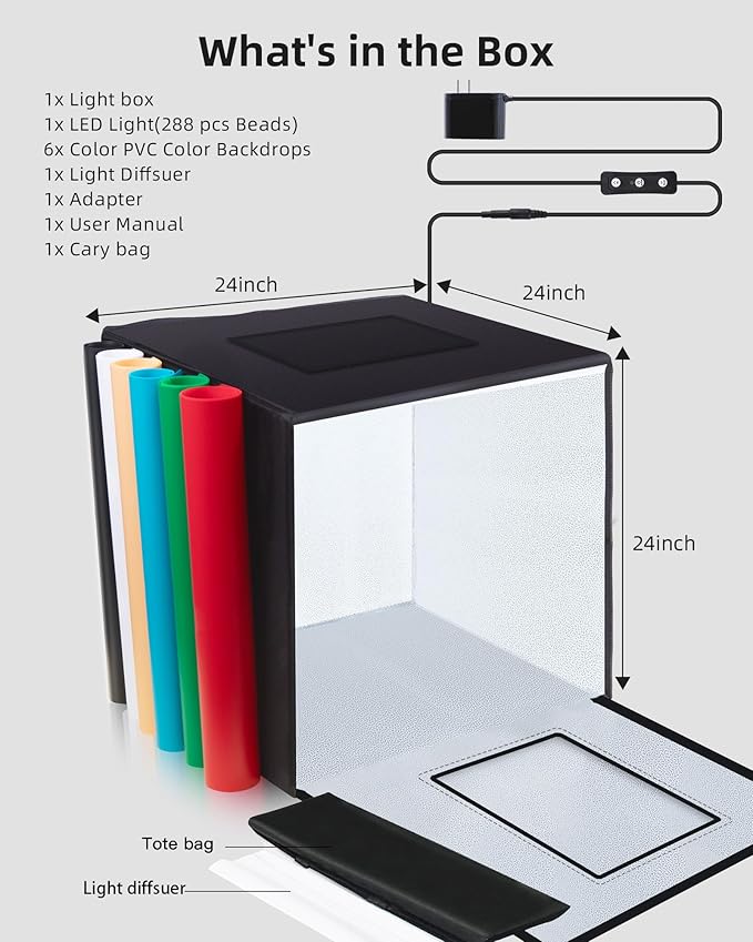 Glendan 24"x24" Light Box Photography, Large Photo Light Box with 288 LED Beads, CRI >95, Professional Portable Photo Booth Shooting Tent Kit with 6 Color Backdrops for Product Photography