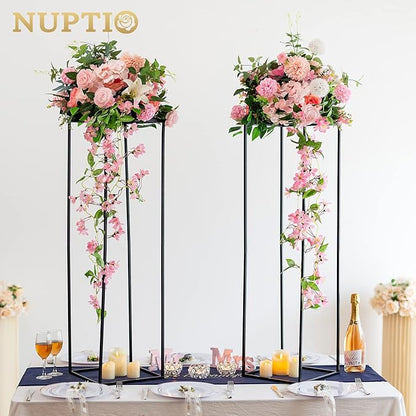 Nuptio Metal Black Vase, 2 Pcs 39.4 inch Tall, Elegant Cylinder & Square Vase for Wedding Centerpieces, Home Party Decorations