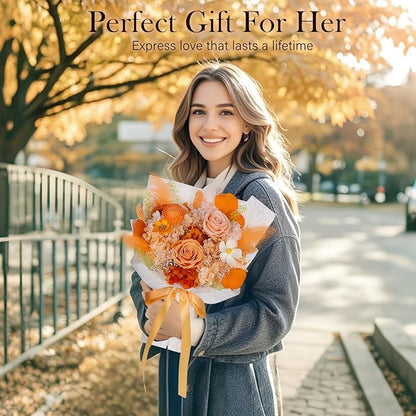 Preserved Flowers Bouquet - Forever Flowers for Delivery, Eternal Roses Bouquet That Last 3 Years, Flower Gifts for Women Mother Mom Girlfriend Wife Anniversary Birthday Present for Her, Light Orange
