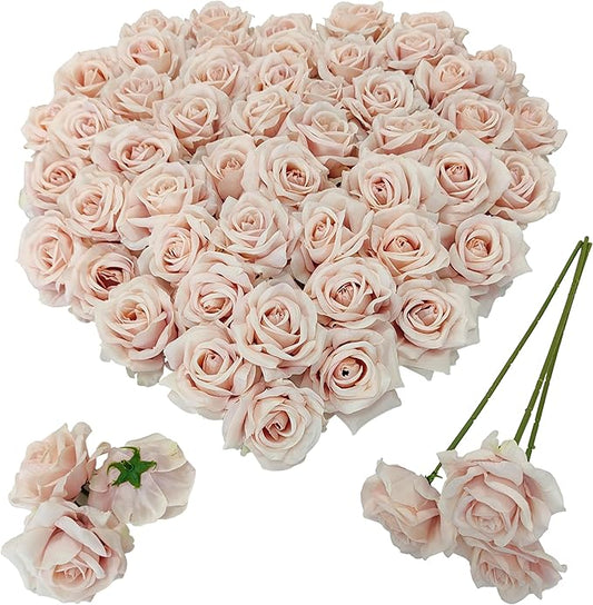 Artificial Satin Rose Flower Heads,48 Pcs Silk Rose Heads with Stems,3.3'' Rose Artificial Flowers Bulk,Artificial Rose Flower Heads for DIY Crafts Bouquet (48, Fall Pink)