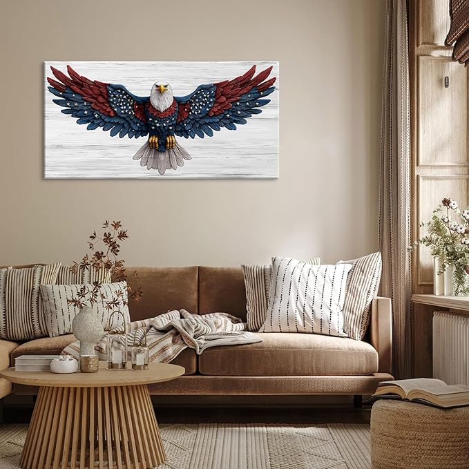 Bald Eagle Canvas Wall Art American Eagle Wall Décor -American Bald Red Blue Flag Canvas Wall Art Usa Independence Day Prints Painting Ready to Hang for Living Room, Bedroom, Office, Dorm 30L" x16''