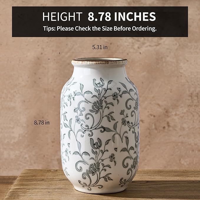 SIDUCAL Ceramic Vintage Vase, 8.78 Inch Chinoiserie Floral Vase, Retro Ice Cracked Rustic Farmhouse Vases for Home Decor, Living Room, Bookshelf, Office, Tuscan Decor, Gray Floral Pattern