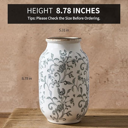 SIDUCAL Ceramic Vintage Vase, 8.78 Inch Chinoiserie Floral Vase, Retro Ice Cracked Rustic Farmhouse Vases for Home Decor, Living Room, Bookshelf, Office, Tuscan Decor, Gray Floral Pattern