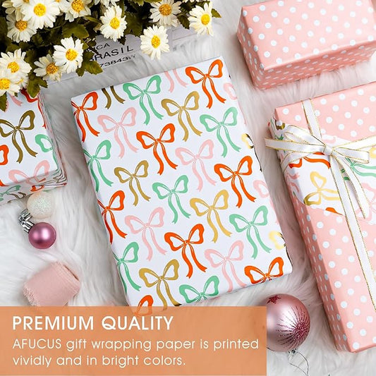 Afucus Reversible Bow Wrapping Paper, Wave point Themed Gift Wrapping Paper, Cute Mini Rolls for Girls, Women, Valentine's Day, Birthday, Mother's Day, Wedding, Baby Shower (17 Inch X 33 Feet)