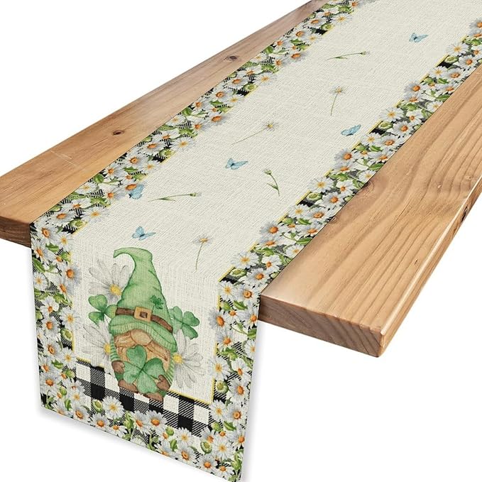 Daisy Gnome Table Runner, Butterfly Truck Buffalo Plaid Yellow Summer Farmhouse Decor for Family Kitchen Farmhouse Holiday Party Table Decorations Indoor Outdoor 13x90 inch