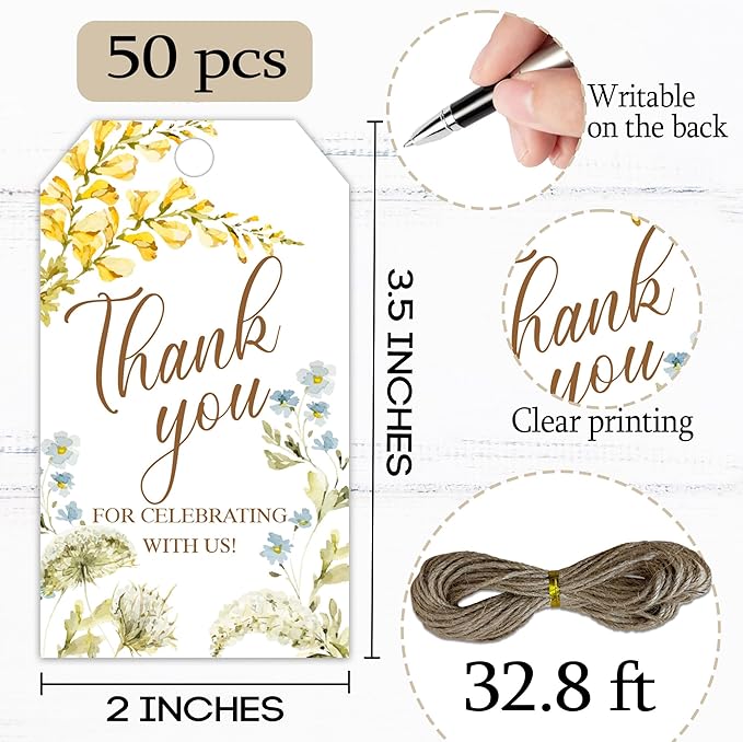 Thank You for Celebrating with Us Tag, 50 Pcs Thank You Paper Lables, 2x3 Inch Floral Gift Tags with String for Wedding Birthday Baby Shower Bridal Shower, Party Decoration-A01