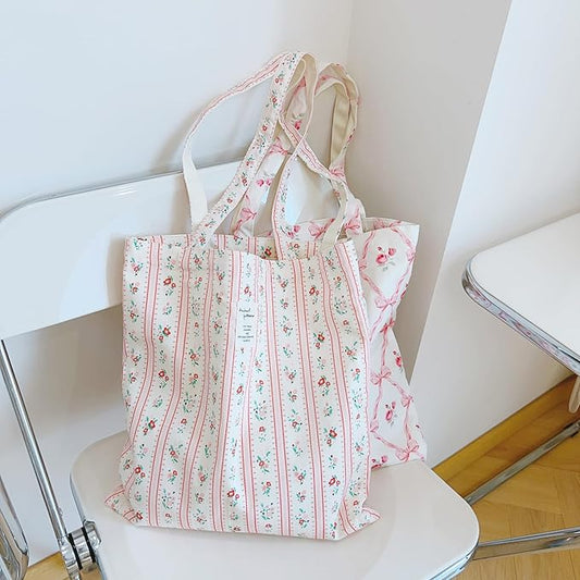 Cotton Canvas Tote Bag Reusable Soft Grocery Cloth Bag Floral Shoulder Bag for Beach Travel Shopping