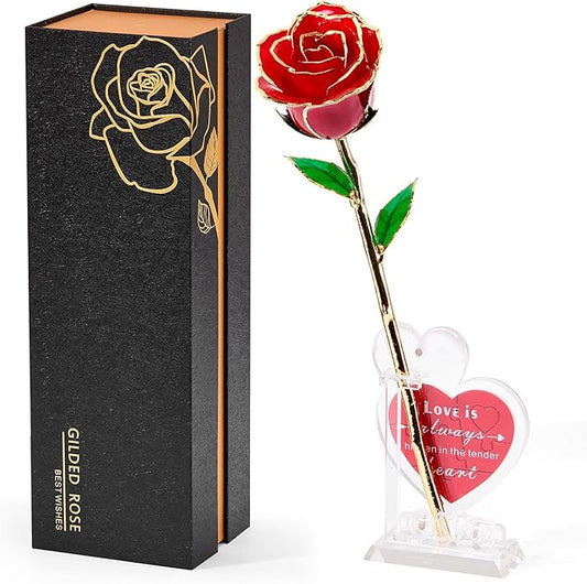 Mikasol Real 24K Gold Dipped Realistic Rose – Timeless Lifelike Bloom with Heart Puzzle Base – Romantic Red Flower Gift for Her, Wife, Girlfriend, Mom – Birthday, Anniversary, Mother’s Day (Red)
