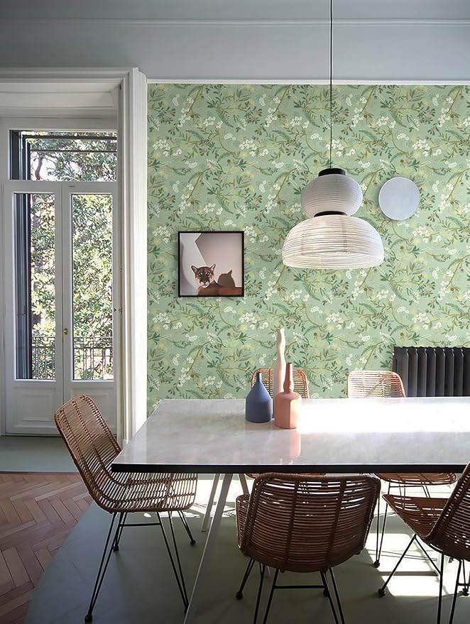 Guvana 16.14"x197" Peel and Stick Wallpaper Floral and Leaf Contact Paper Boho Self Adhesive Wallpaper Flower Contact Paper DIY Removable Wallpapers for Livingroom Wall Decor(Light Green Background)