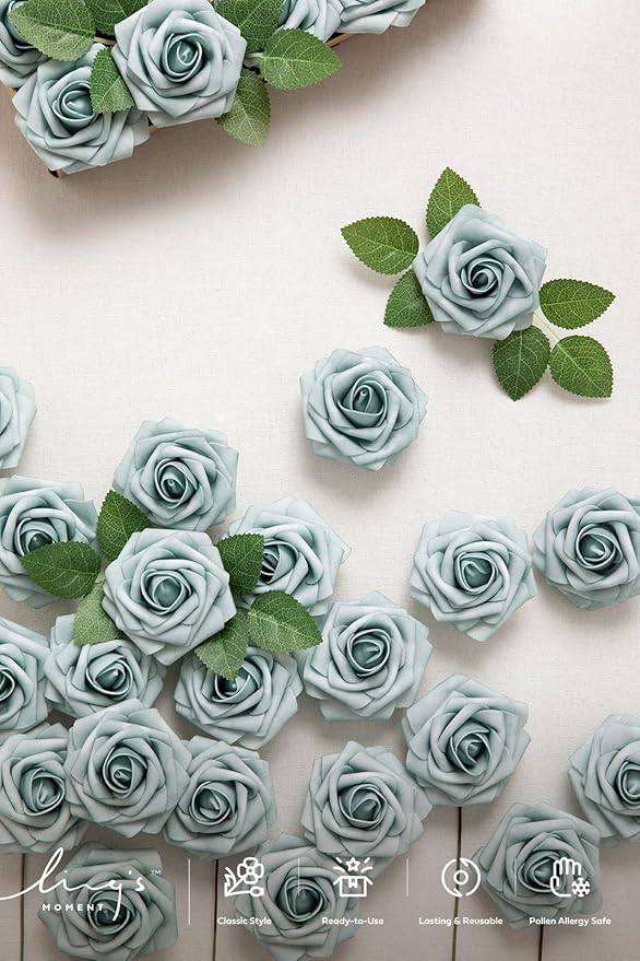 Ling's moment Artificial Flowers 25Pcs Dusty Blue Roses Decor w/Stems,3" Real Touch DIY Foam Floral for Wedding Bouquet/Centerpieces, Outdoors Party Backdrop, Room/Table, and Garden/Pot Decorations