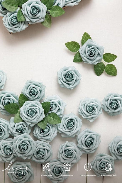 Ling's moment Artificial Flowers 25Pcs Dusty Blue Roses Decor w/Stems,3" Real Touch DIY Foam Floral for Wedding Bouquet/Centerpieces, Outdoors Party Backdrop, Room/Table, and Garden/Pot Decorations