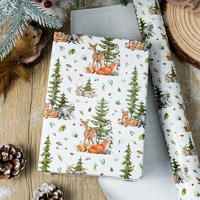MAYPLUSS Christmas Wrapping Paper Roll - 17 In x 33 Feet - Cute Watercolor Christmas Tree Reindeer Rabbit Squirrel Gift Wrap Paper for New Year, Holiday, Kids