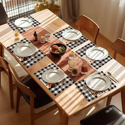 Pumpkin Plaid Placemats Set of 6,Washable Heat Resistant 12×18 Inch Linen Table Mats Fall Place Mats for Party Outdoor Dining Décor