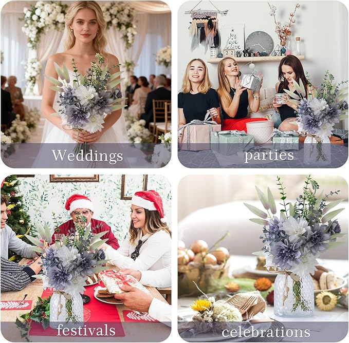 Artificial Flowers Combo Bue Wite Flowers Mix Silk Flowers Dahlia, fake flowers for Wedding Bridal Bouquets, Floral Arrangement, Table Centerpieces. Fake Plastic Flowers Bulk Vase Decoration