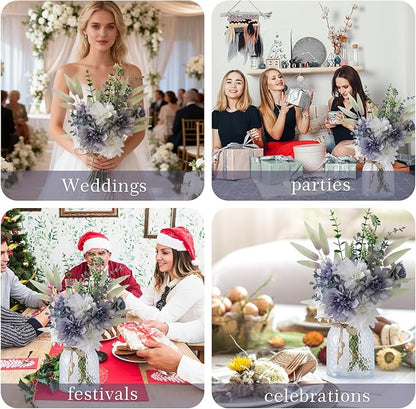 Artificial Flowers Combo Bue Wite Flowers Mix Silk Flowers Dahlia, fake flowers for Wedding Bridal Bouquets, Floral Arrangement, Table Centerpieces. Fake Plastic Flowers Bulk Vase Decoration