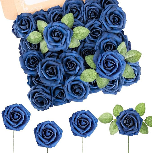 MACTING Artificial Flower Roses 60PCS Real Touch Fake Flowers with Stem Foam Roses for DIY Wedding Bouquet Table Centerpieces Party Holiday Home Indoor Spring Valentines Day Decorations,Navy Blue