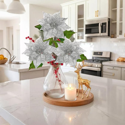 10" Poinsettia Flower Artificial for Christmas Tree Decor, 3 Pcs Faux Glitter Poinsettias Stems for DIY Xmas Wreath & Garland, Christmas Ornaments for Home Party, Holiday & Wedding Decorations, Silver