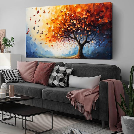 ANCXWOTER Butterfly Tree Canvas Wall Art for Living Room Bedroom Home Office Orange and Blue Colorful Butterfly Picture Tree of Life Wall Art Large Modern Canvas Prints 29x59 In