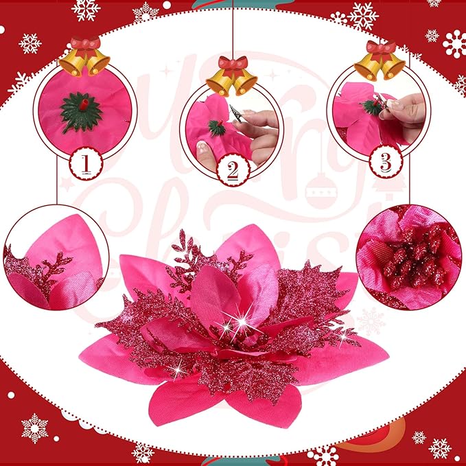 24 Christmas Glitter Artificial Poinsettia Flowers Xmas Poinsettia Artificial Wedding Flowers Decorations Xmas Tree Ornaments with Clips for Party Favors, 6 Inch, 4 Inch, 3 Inch (Fuchsia)