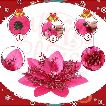 24 Christmas Glitter Artificial Poinsettia Flowers Xmas Poinsettia Artificial Wedding Flowers Decorations Xmas Tree Ornaments with Clips for Party Favors, 6 Inch, 4 Inch, 3 Inch (Fuchsia)