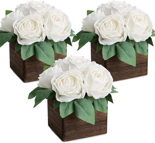 Dining Table Centerpiece Set of 3 - Pre-Made Aritifial Rose with Wooden Vase Fake Floral Arrangment Faux Flower for Wedding Bridal Tea Party Event Decorations - White