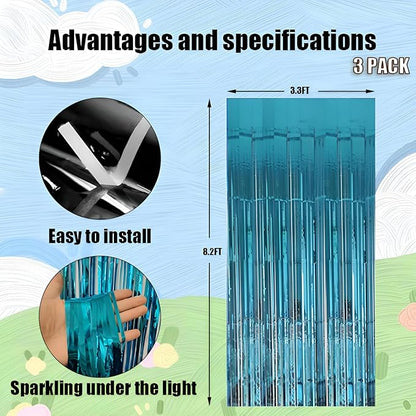 Keyali 3 Pack 3.3 * 8.3 ft Foil Curtain Metallic Tinsel Fringe Curtains Photo Booth Props Backdrop for Birthday Wedding Engagement Baby Shower Christmas Holiday Celebration Partyl,Light Blue