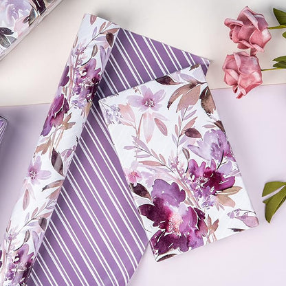 WRAPAHOLIC 30 Inch Reversible Floral Wrapping Paper - 30 Inch X 33 Feet - Purple Flower Wrapping Paper for Wedding, Birthday, Mothers Day, Baby Shower, Anniversary, Bridal Shower