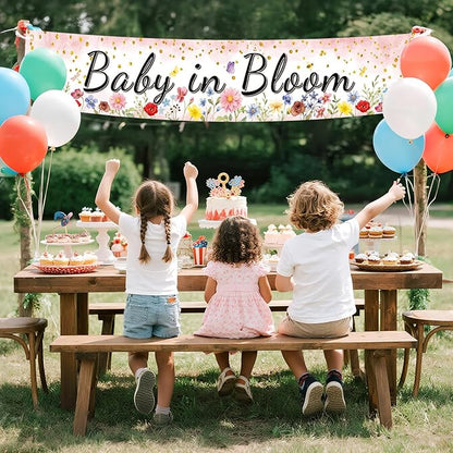 Pink Coral Baby in Bloom Baby Shower Banner, Floral Watercolor Floral Design, Party Decoration, 180x33 cm