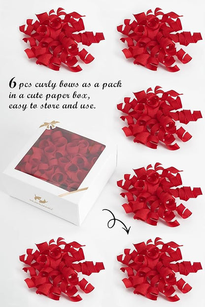HUIHUANG Red Bows for Gift Wrapping, Red Curly Ribbon Bows Self Adhesive Burst Gift Bow for Christmas Presents, Wine Bottle, Treat Bags, Valentine's Day, Wedding Party Favor - 6 Counts