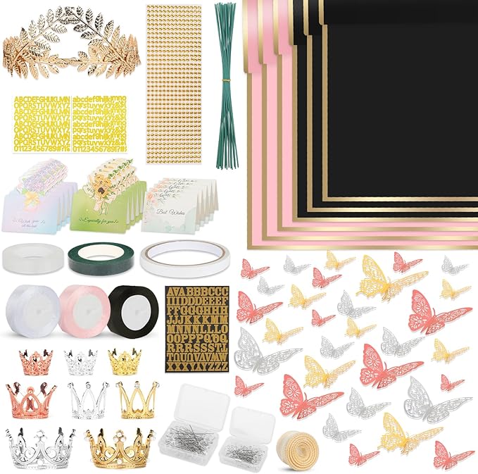 260Pcs Flower Bouquet Wrapping Paper Kit, 60 Sheets Waterproof Paper, 36 Butterflies, 8 Crowns, 1 Headband, 4 Ribbons, 15 Cards, 100 Diamond Pins, 30 Floral Wire, 3 Stickers, 3 Tapes (Black & Pink)
