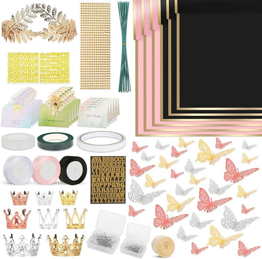 260Pcs Flower Bouquet Wrapping Paper Kit, 60 Sheets Waterproof Paper, 36 Butterflies, 8 Crowns, 1 Headband, 4 Ribbons, 15 Cards, 100 Diamond Pins, 30 Floral Wire, 3 Stickers, 3 Tapes (Black & Pink)
