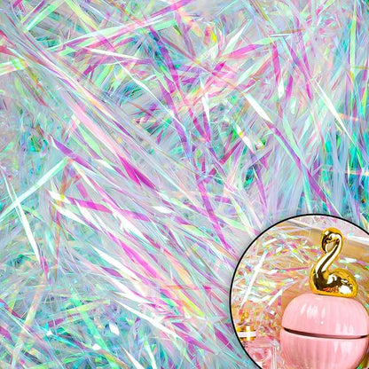 Ottwlli 150 Grams Iridescent Crinkle Cut Paper Shred Filler, Sparkly Film PP Hamper Shreds for Gift Basket Bag Christmas Gift Box Filler Easter Grass Gift Box Filling—Iridescent