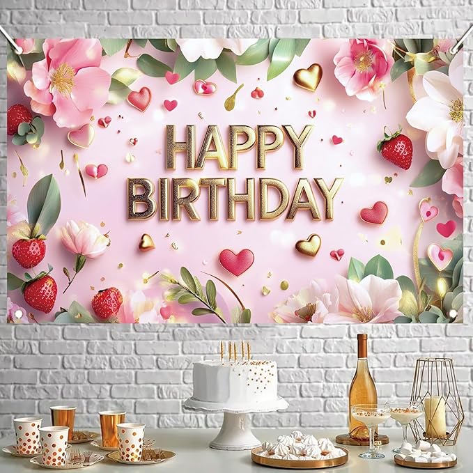 Pink Happy Birthday Backdrop Banner Gold Floral Heart Strawberry Design Photography Background Girls Birthday Party Decorations Photo Booth Supplies 71x43 Inch