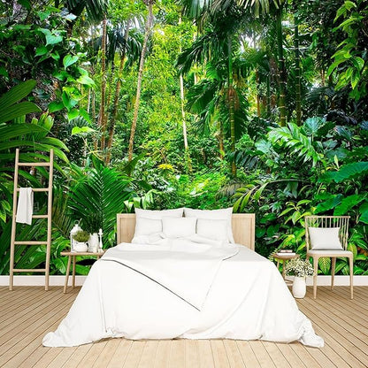 Tropical Rainforest Botanical Wallpaper Bedroom Green Leaf Plant murals Aesthetic Room Decor Living Room tv Background Large Wall Mural - 137"x96" Not Peel and Stick