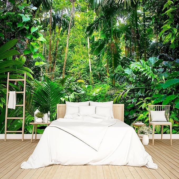 Tropical Rainforest Botanical Wallpaper Bedroom Green Leaf Plant murals Aesthetic Room Decor Living Room tv Background Large Wall Mural - 160"x108" Not Peel and Stick